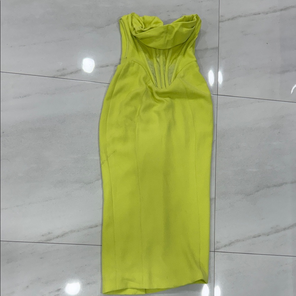 House of CB Strapless Corset-Detail Lime Green Bodycon Dress Medium-Plus cup - Picture 2 of 5